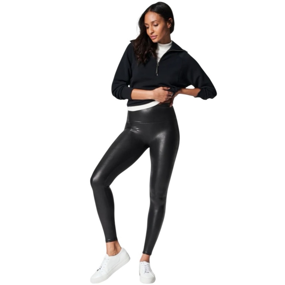 SPANXshape Black Faux Leather Leggings Shaping Size Medium Lift and Contour